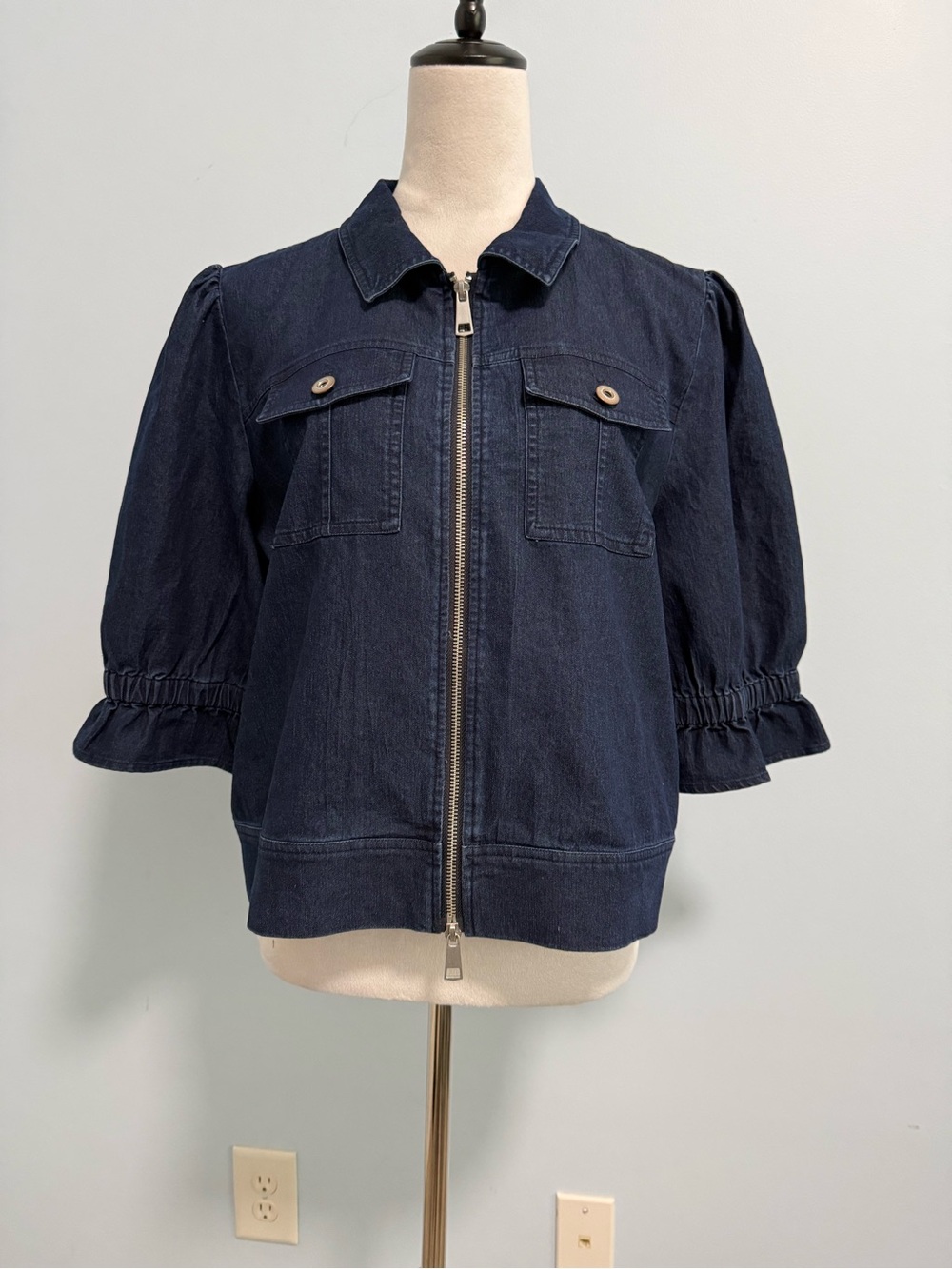 Boho Chic western Puff-Sleeve Denim Blouse Jacket Size L